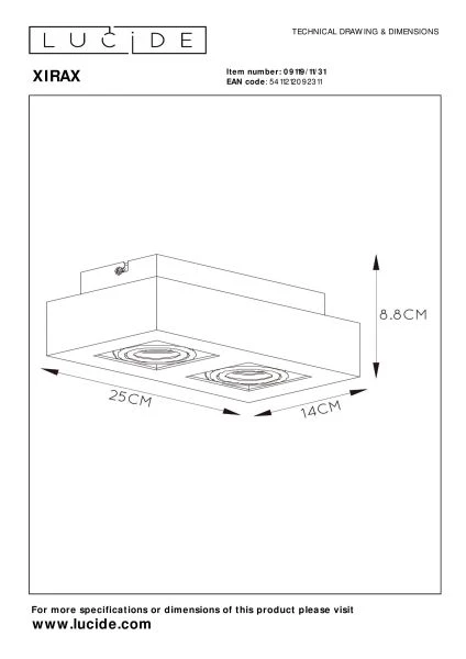 Lucide XIRAX - Spot plafond - LED Dim to warm - GU10 - 2x5W 2200K/3000K - Blanc - TECHNISCH